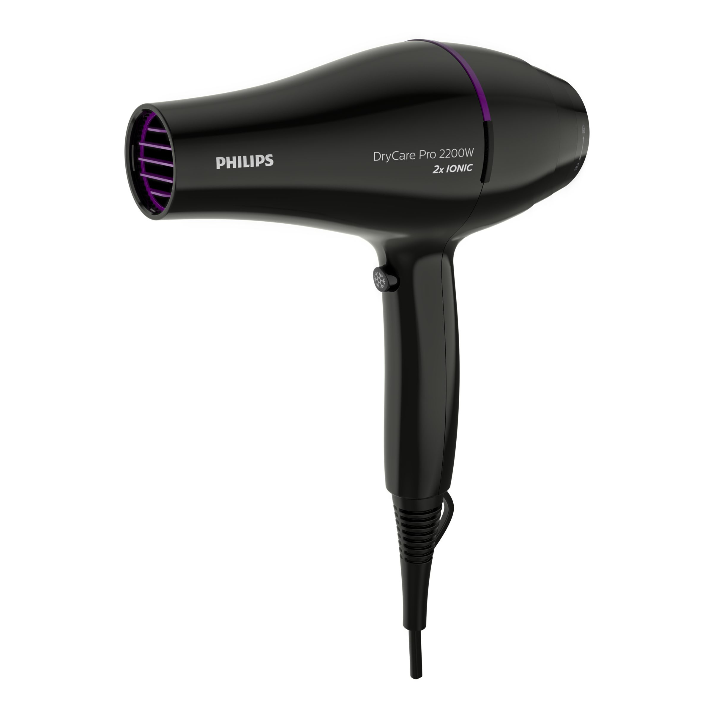 Schwarzer Fön mit lila Akzenten. Marke Philips, DryCare Pro 2200W, 2x IONIC. Auf weißem Hintergrund.