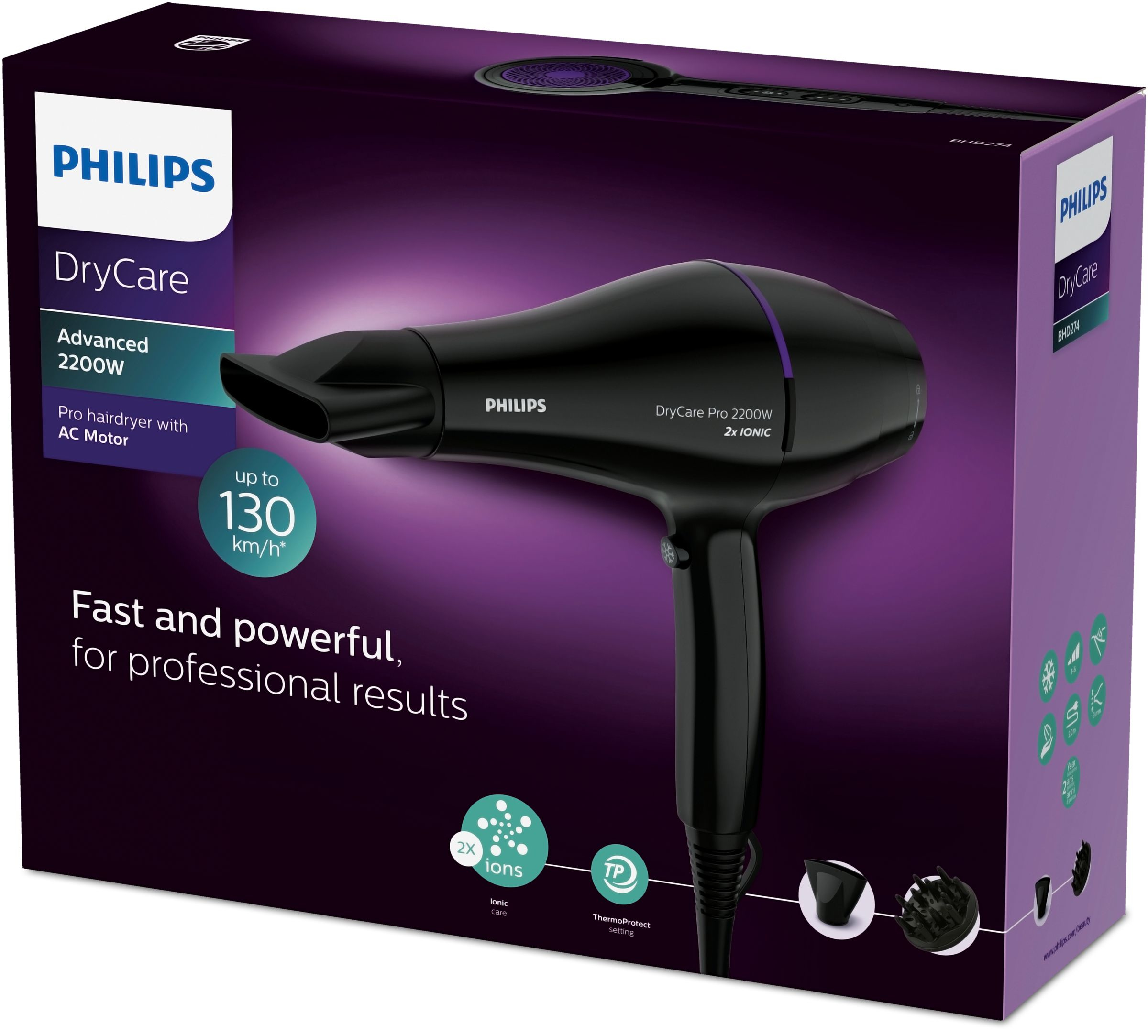 Schwarzer Philips DryCare Haartrockner, Box, lila Hintergrund.