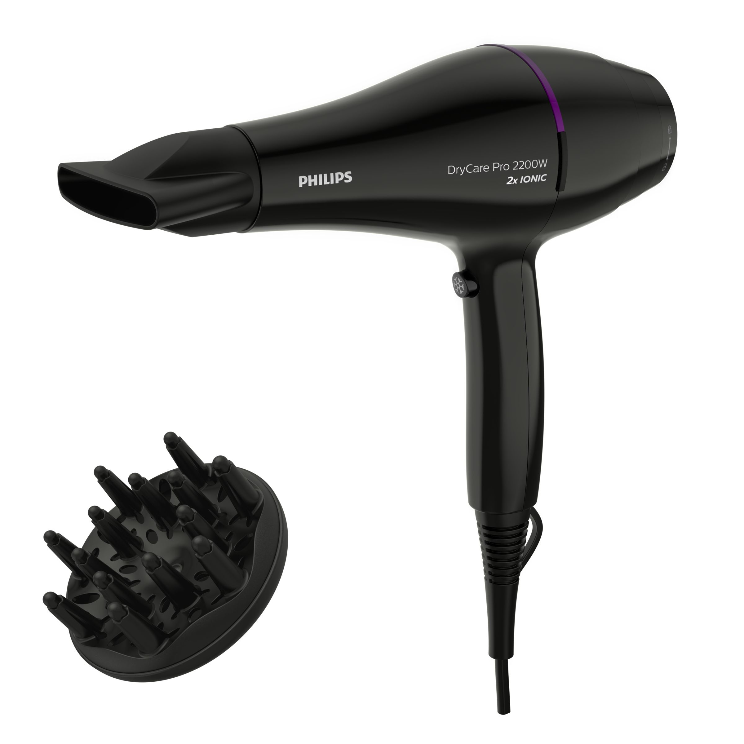 Schwarzer Philips Haartrockner mit Diffusoraufsatz.