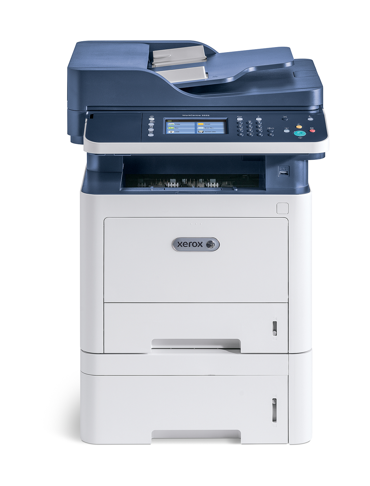 Xerox WorkCentre 3325 yazıcı, beyaz ve koyu mavi, üstte bir belge besleyici ile.
