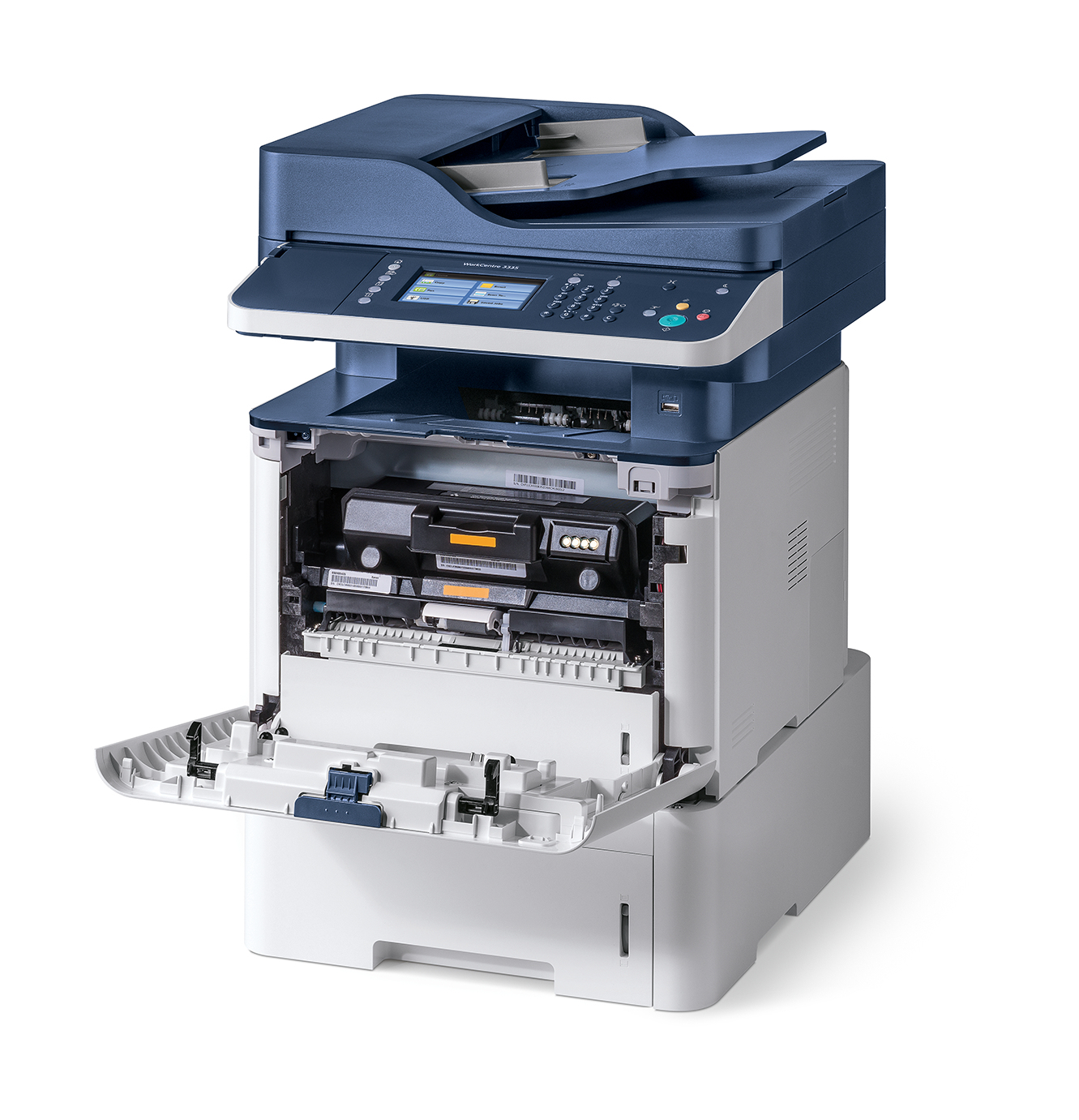 Kapağı açık ve içinde kartuşlar bulunan bir Xerox yazıcı.