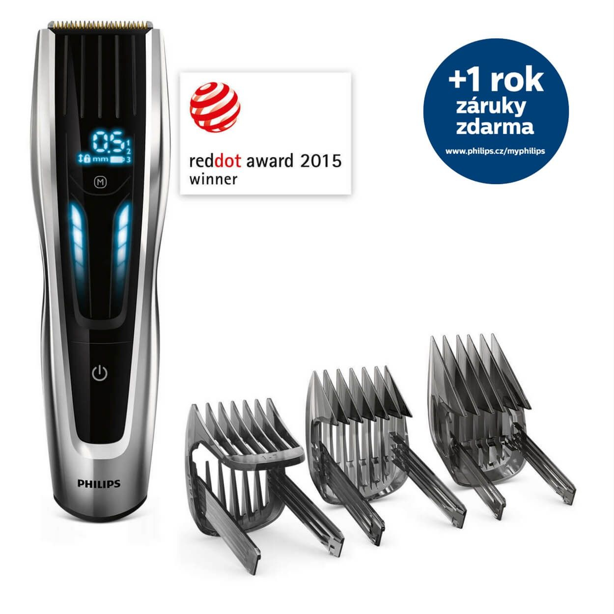 A Philips hair clipper with attachments, award badge and text. It has a digital display.