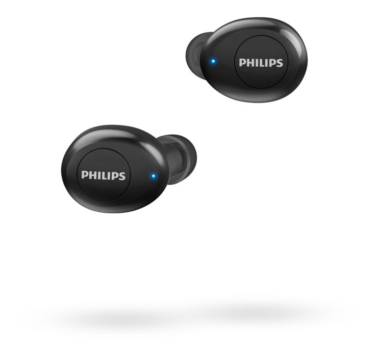 İki siyah Philips kablosuz kulaklık, beyaz arka plan.