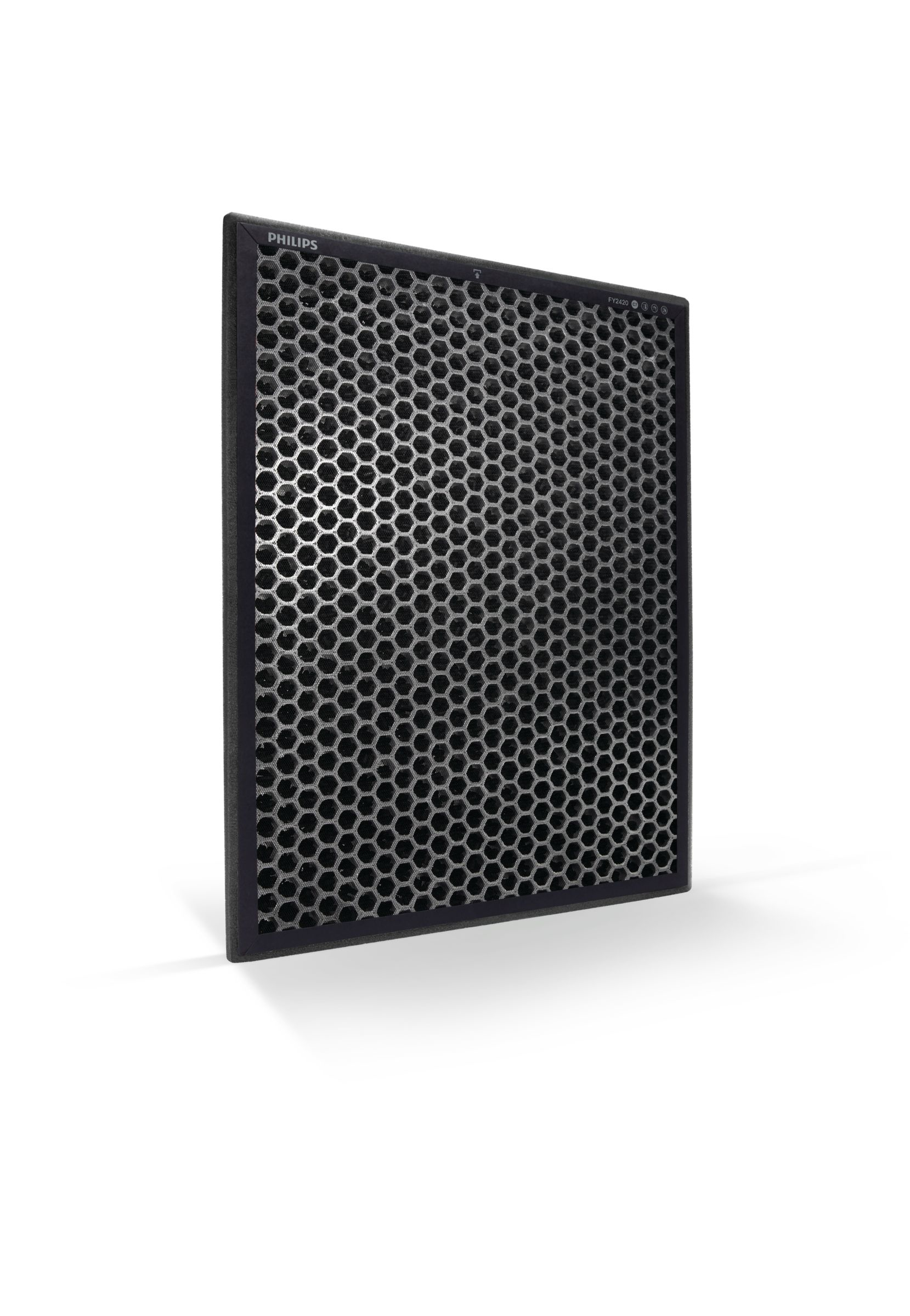 Een zwart filter met een zeshoekig patroon en een zwart frame.