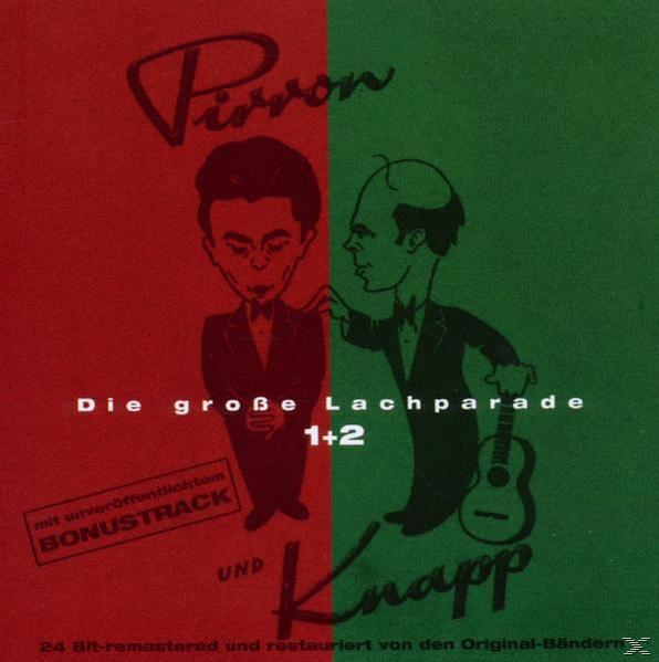 Albumcover: Zwei Cartoon-Männer im Anzug, Titel 'Die große Lachparade'. Roter und grüner Hintergrund.