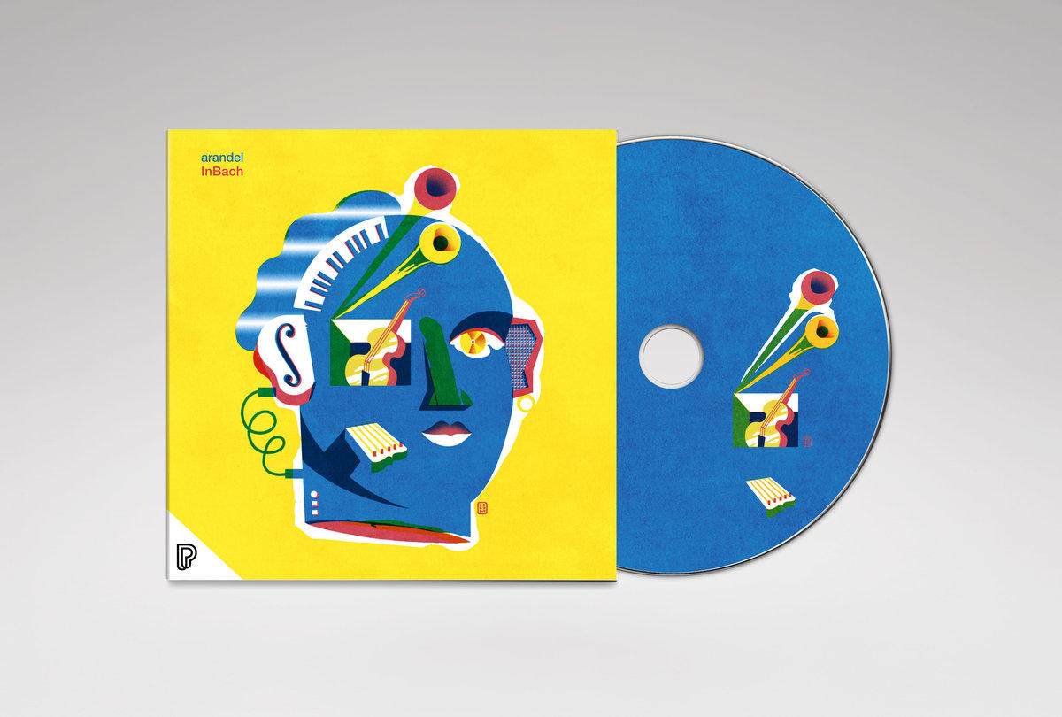 Pochette de CD : Visage bleu avec instruments de musique et formes. Fond jaune.