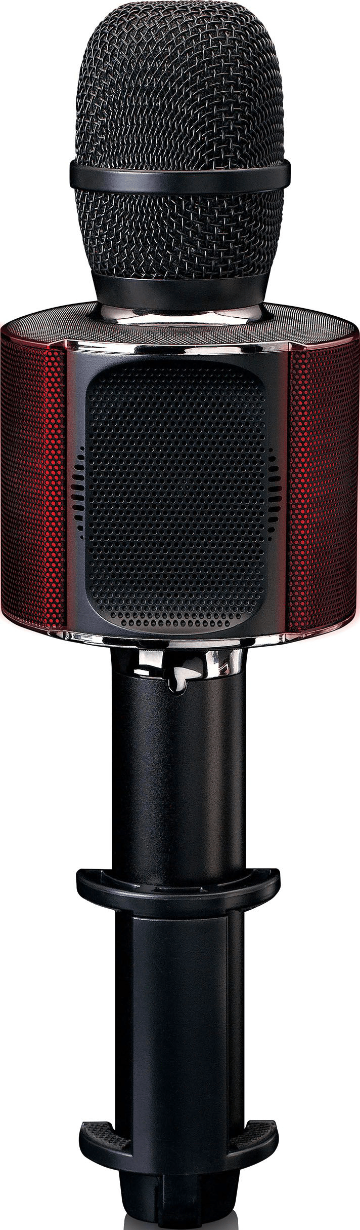 Microphone noir avec des accents rouges sur un support.