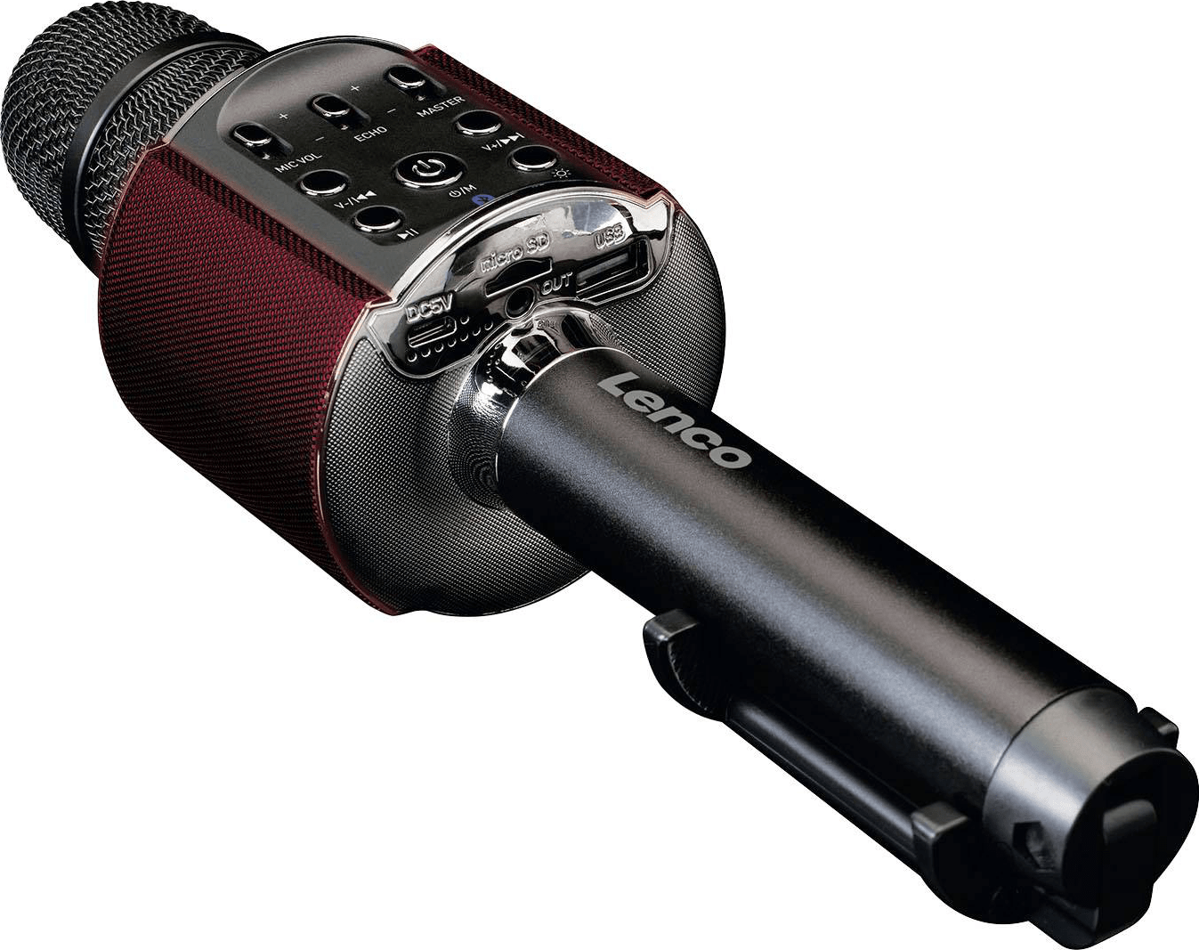 Microphone de karaoké rouge et noir avec boutons de commande et logo Lenco.