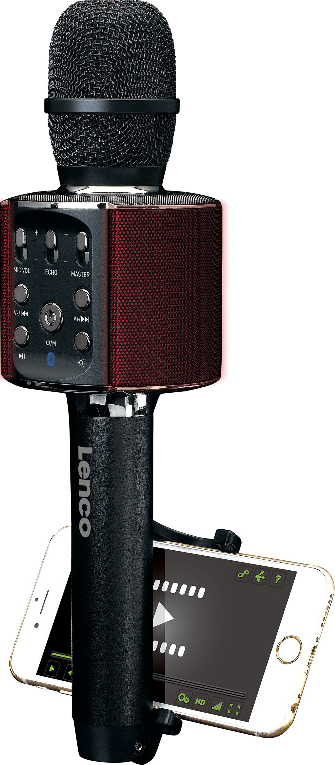 Microphone noir et rouge avec un téléphone attaché. Texte et boutons sur le microphone.