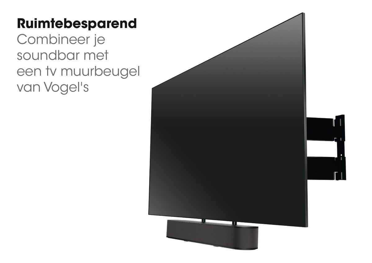 Un téléviseur noir monté sur un mur, avec une barre de son en dessous. Une configuration moderne et minimaliste.