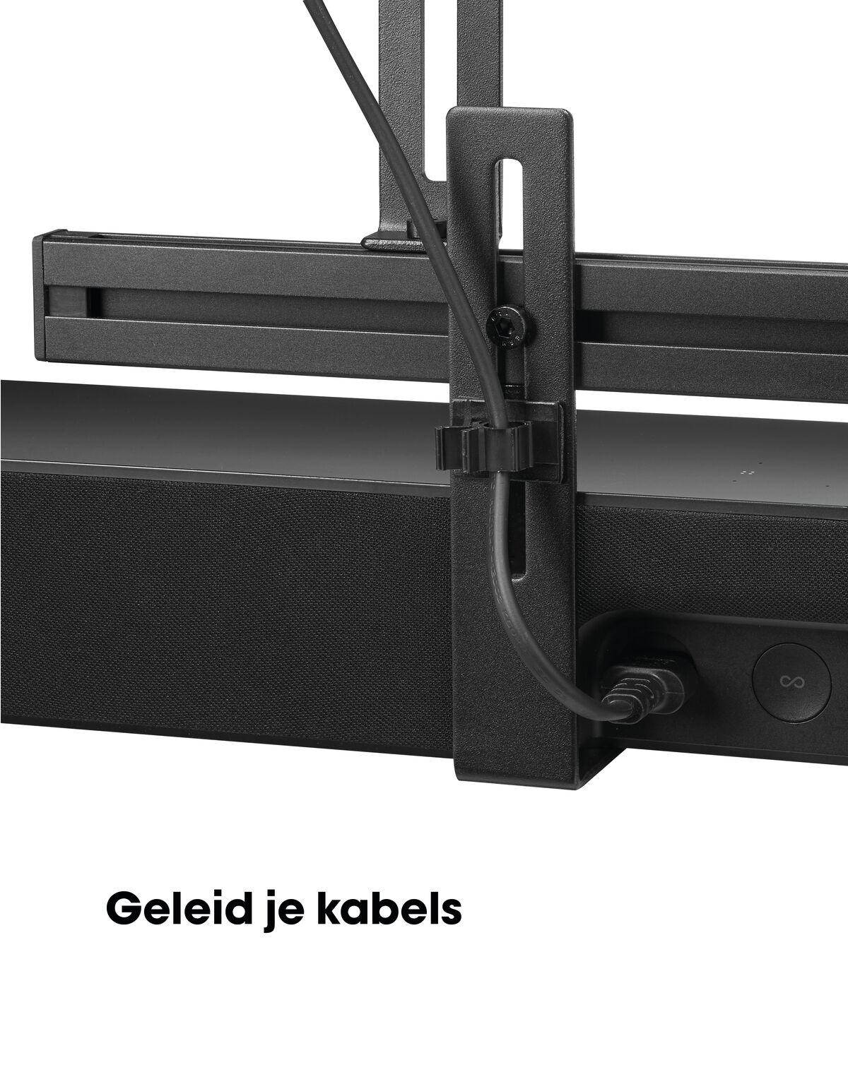 Barre de son noire avec support de gestion des câbles attaché.