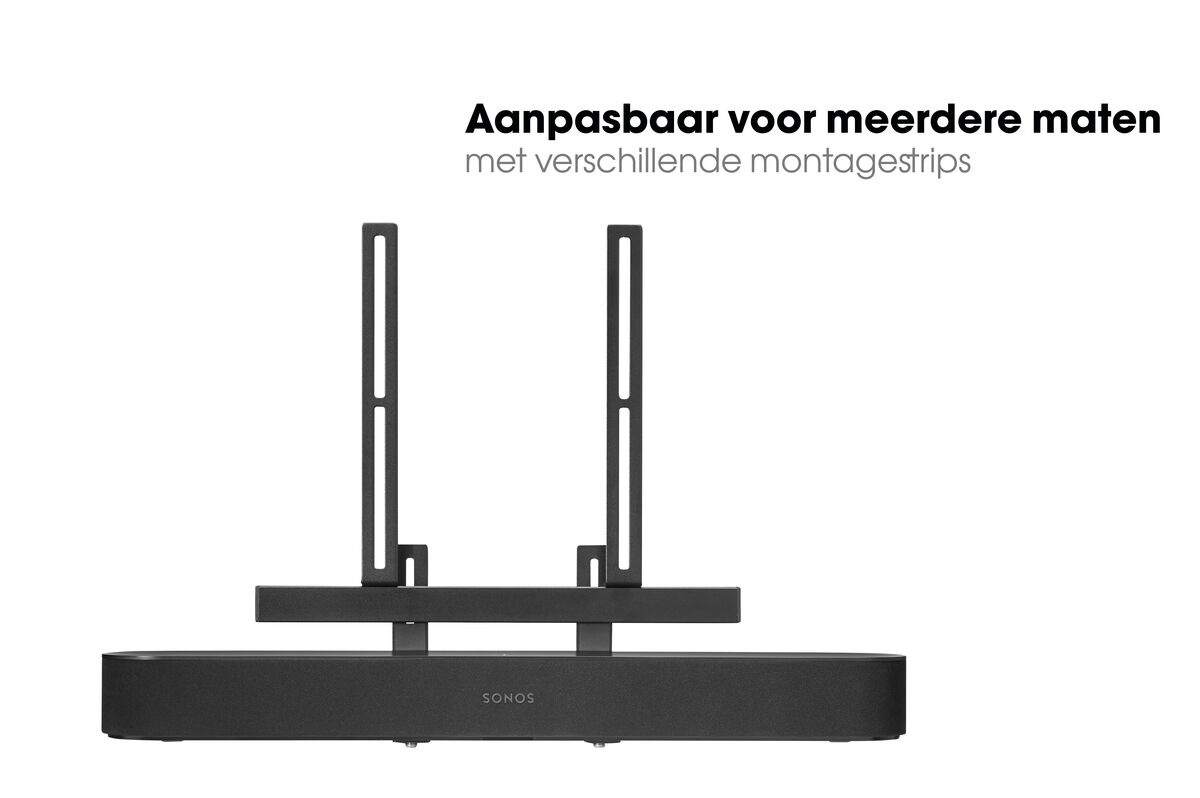 Une barre de son Sonos noire avec des bandes de montage sur fond blanc.