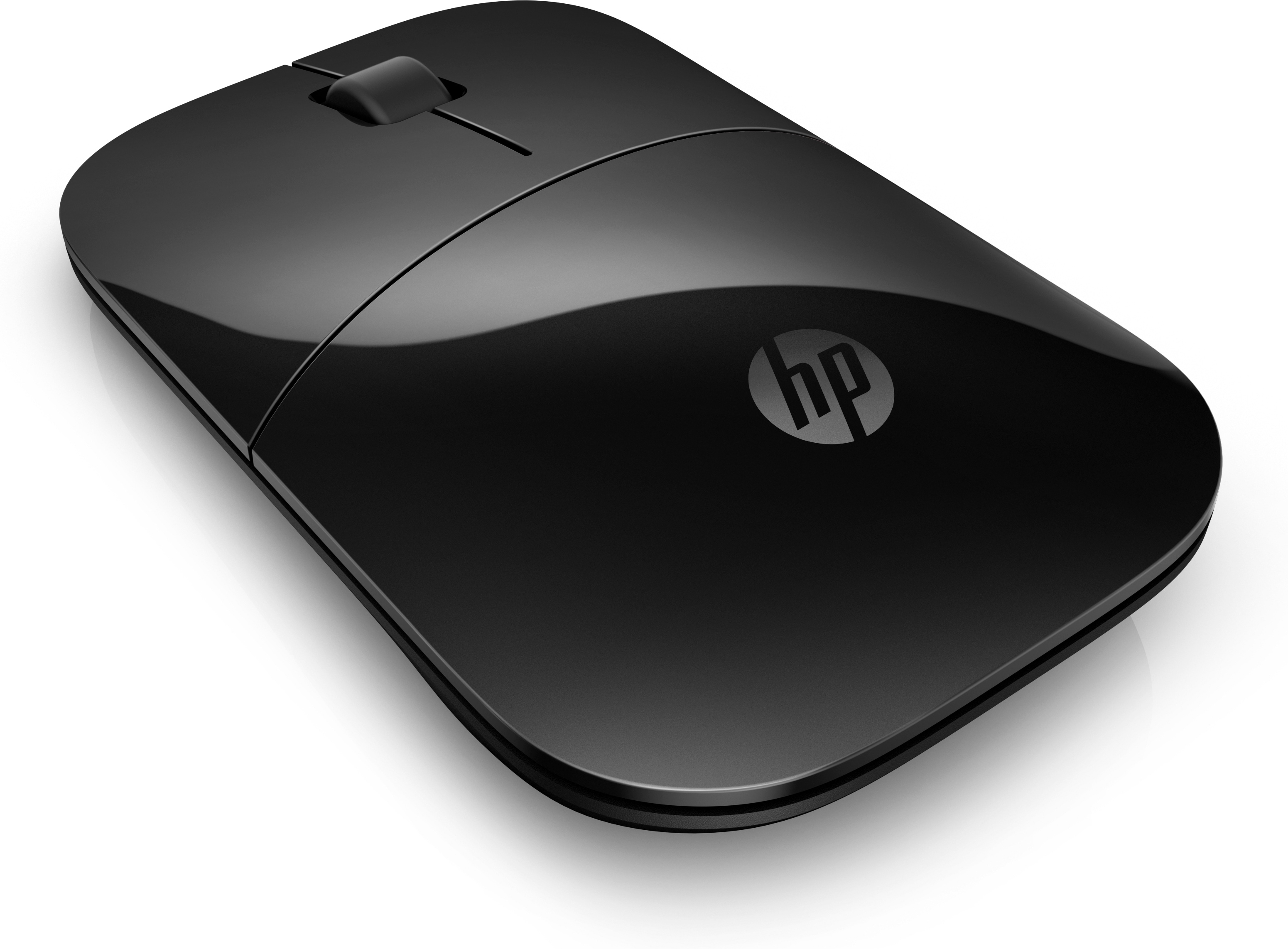 Souris sans fil HP noire avec molette de défilement, sur fond blanc.