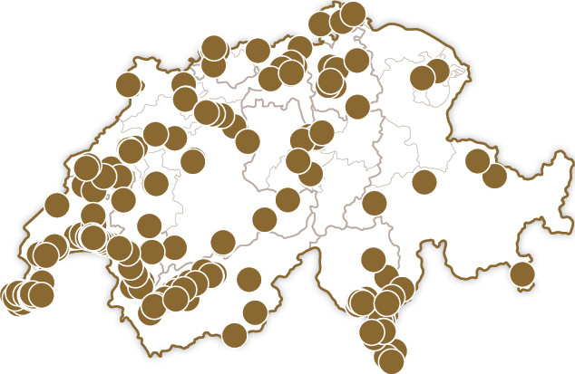 Mappa della Svizzera con punti marroni, che rappresentano le località.