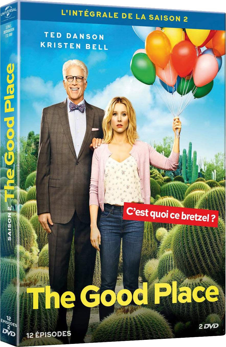 DVD-hoes: Ted Danson en Kristen Bell staan voor cactussen. Ballonnen zweven. Titel: The Good Place.