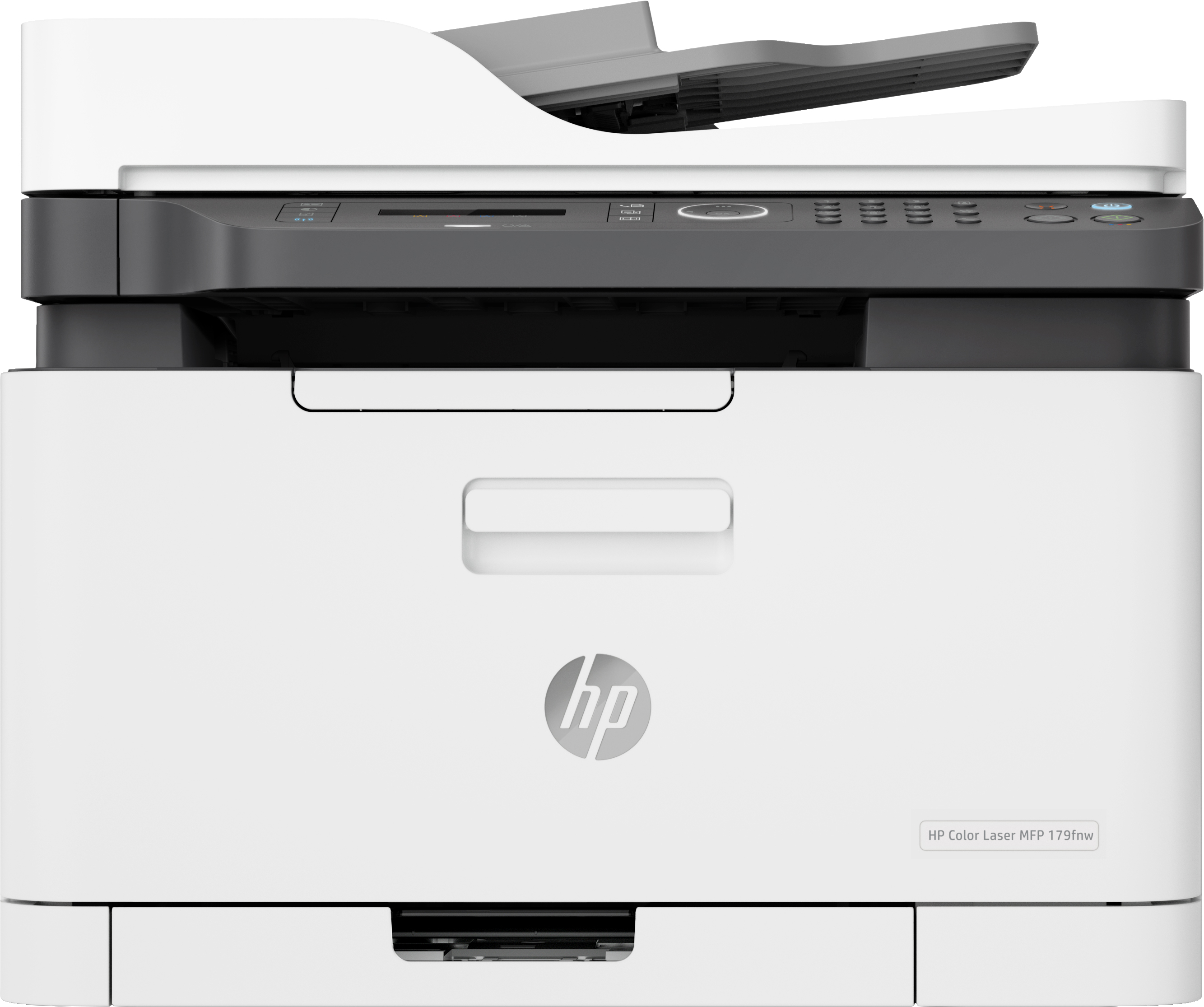 Une imprimante HP Color Laser MFP 179fnw blanche. Elle possède un chargeur de documents, un panneau de contrôle et le logo HP.