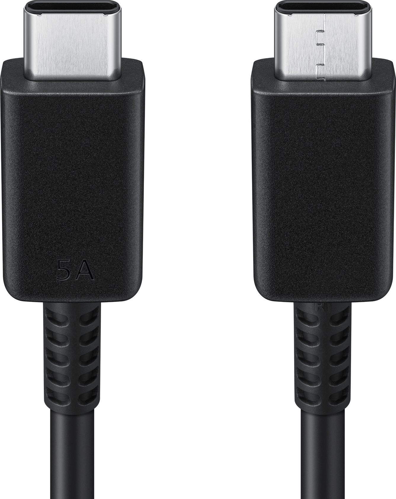 Zwei schwarze USB-C-Kabel mit silbernen Anschlüssen. Einer zeigt "5A".