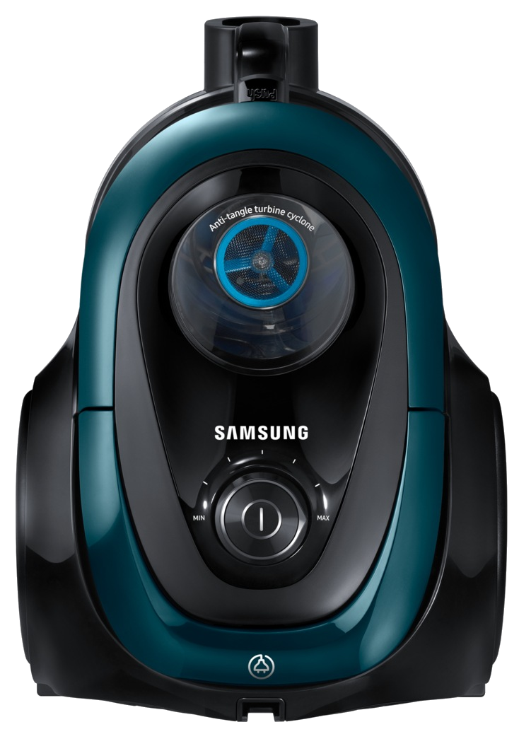 Egy sötétkék és fekete Samsung porszívó, kerek dizájnnal. A logó látható.