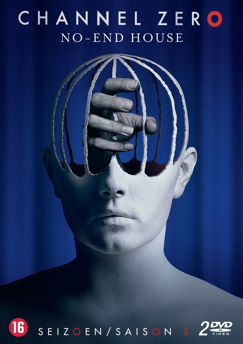 Pochette du DVD Channel Zero: No-End House. Une personne avec une structure en forme de cage sur la tête et une main à l'intérieur.
