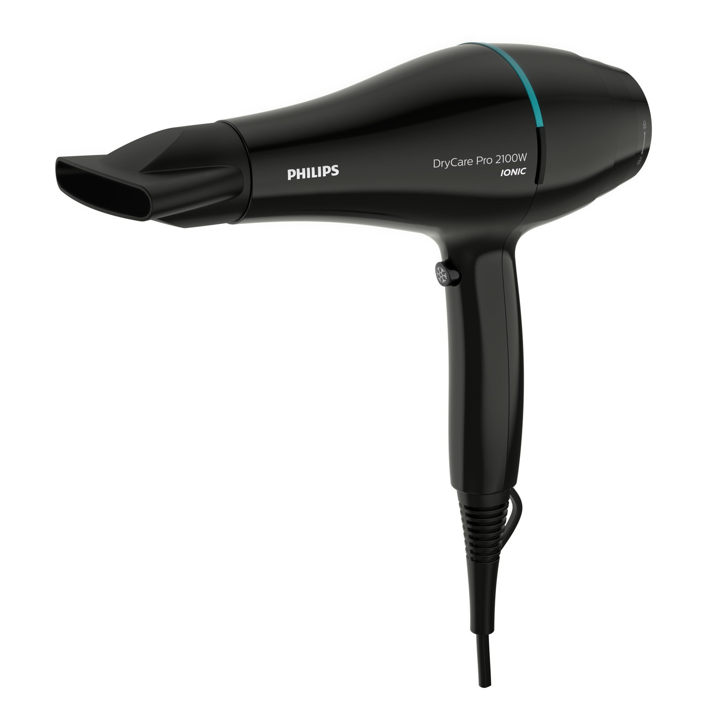 Black Philips hair dryer with a blue line. The nozzle is on the left. The brand name is visible.