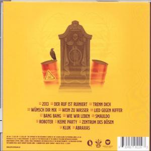 Rückseite einer CD-Hülle mit Text und Bildern.