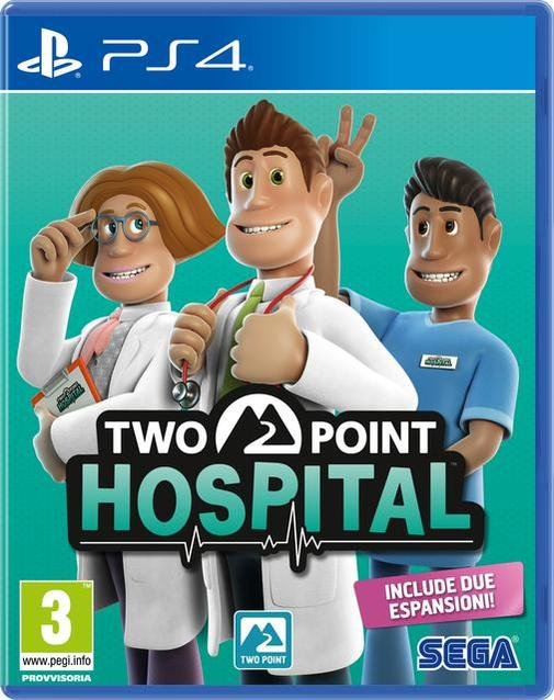 Játék borító: Három rajzolt orvos. Two Point Hospital játék. Kék háttér, PS4 logó.