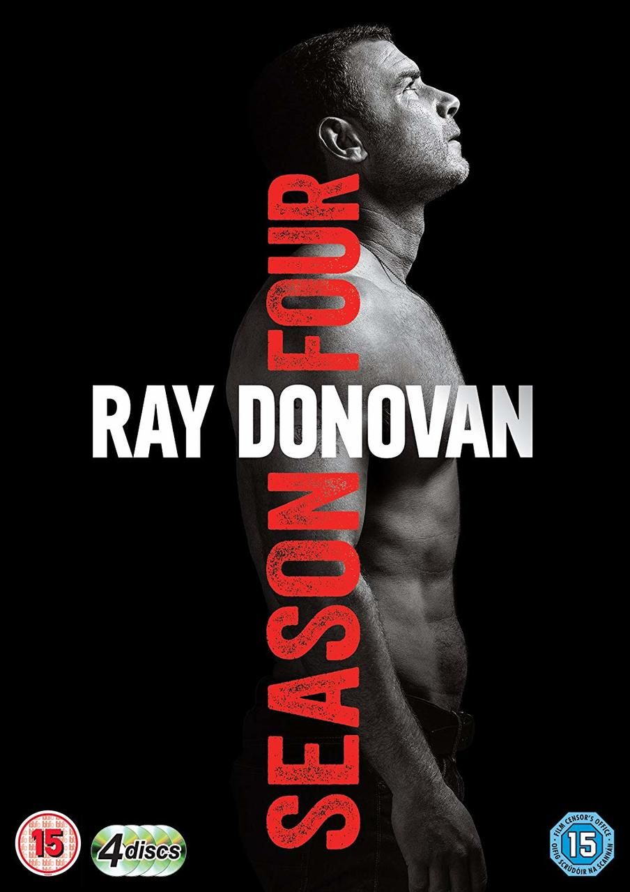 Couverture DVD : Ray Donovan Saison Quatre, torse d'homme sur fond noir, texte vertical.