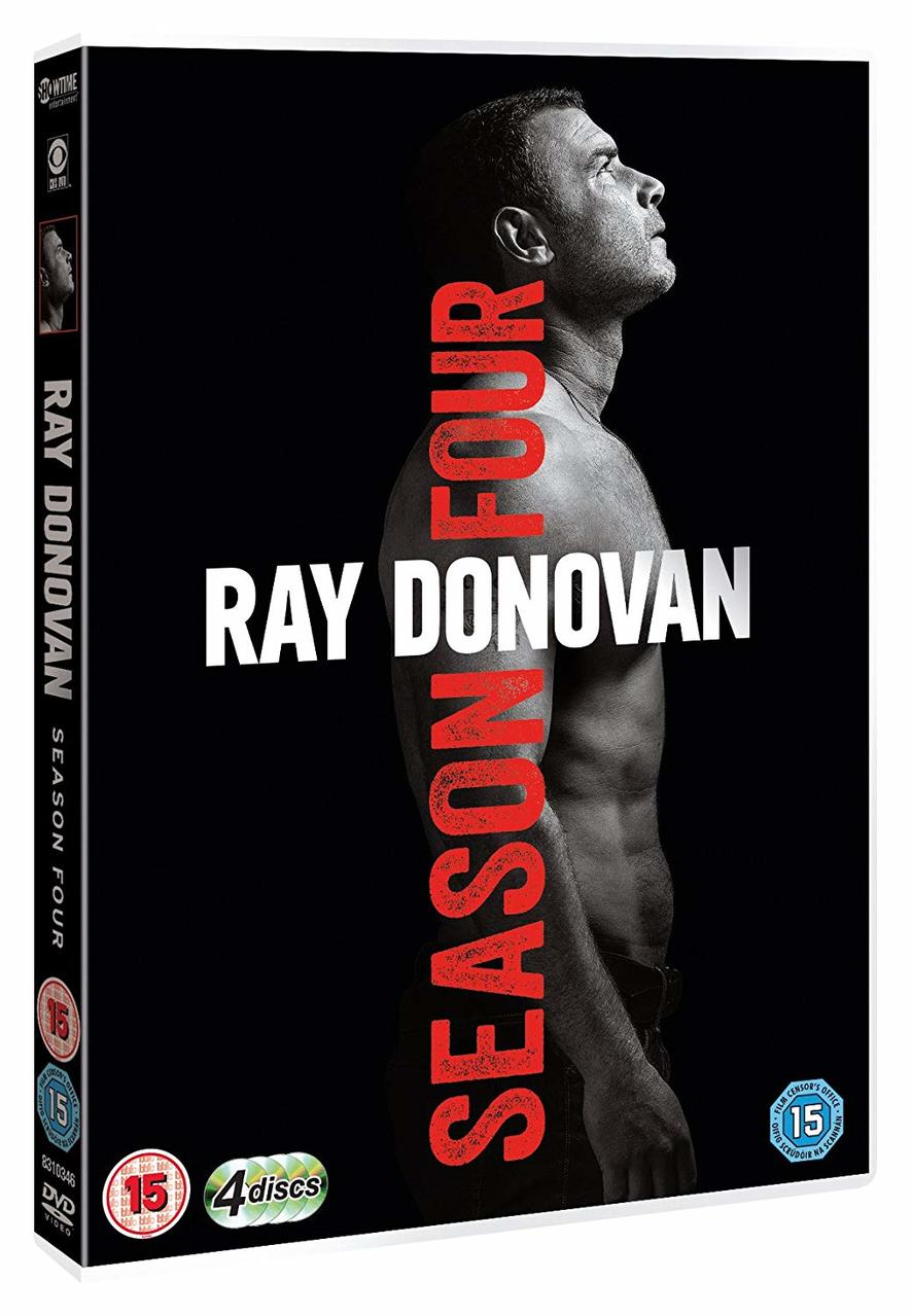 Boîtier DVD pour Ray Donovan Saison Quatre. Comprend une image d'un homme et du texte rouge en gras.