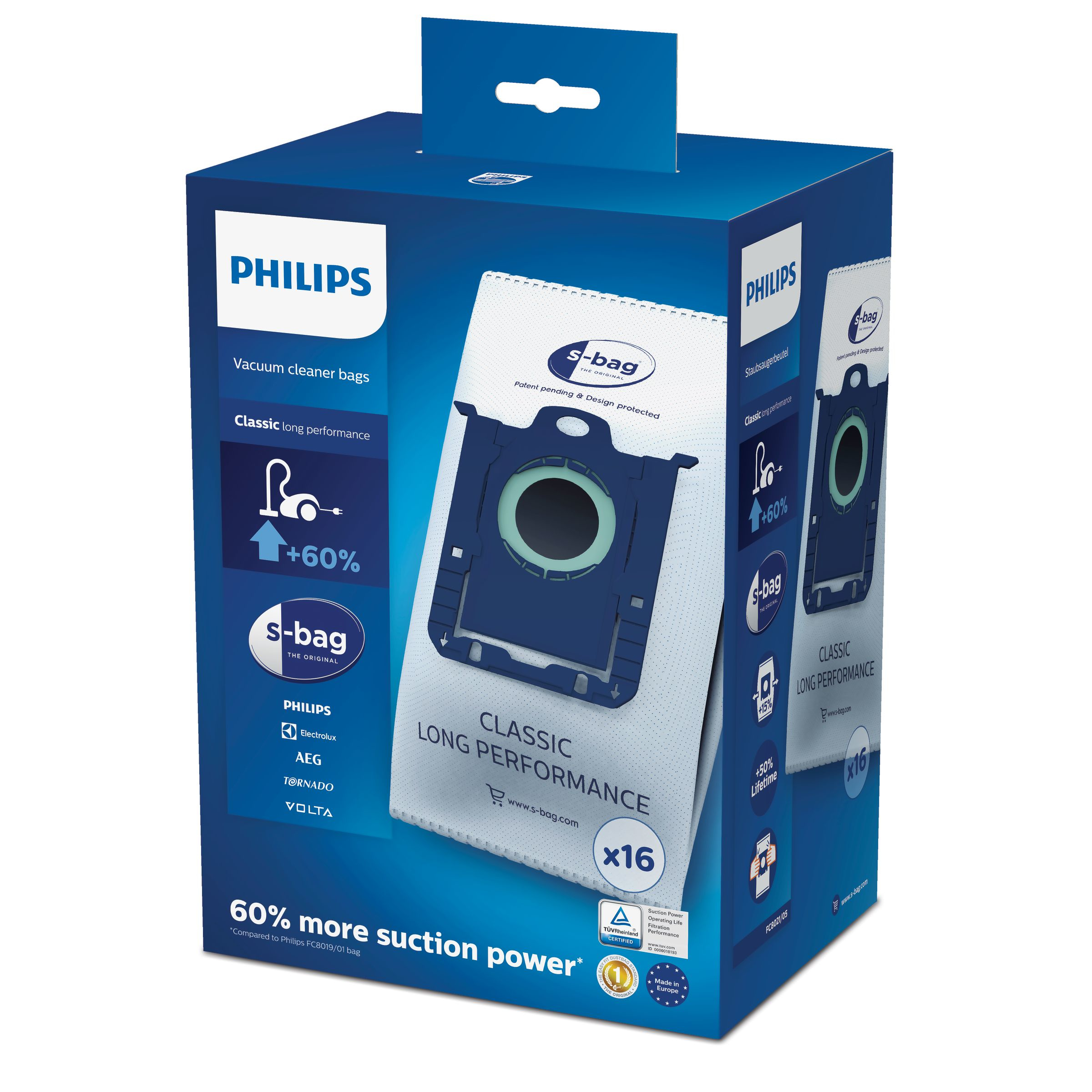 Blauwe en witte doos met Philips stofzuigerzakken. De zak wordt aan de voorkant weergegeven.