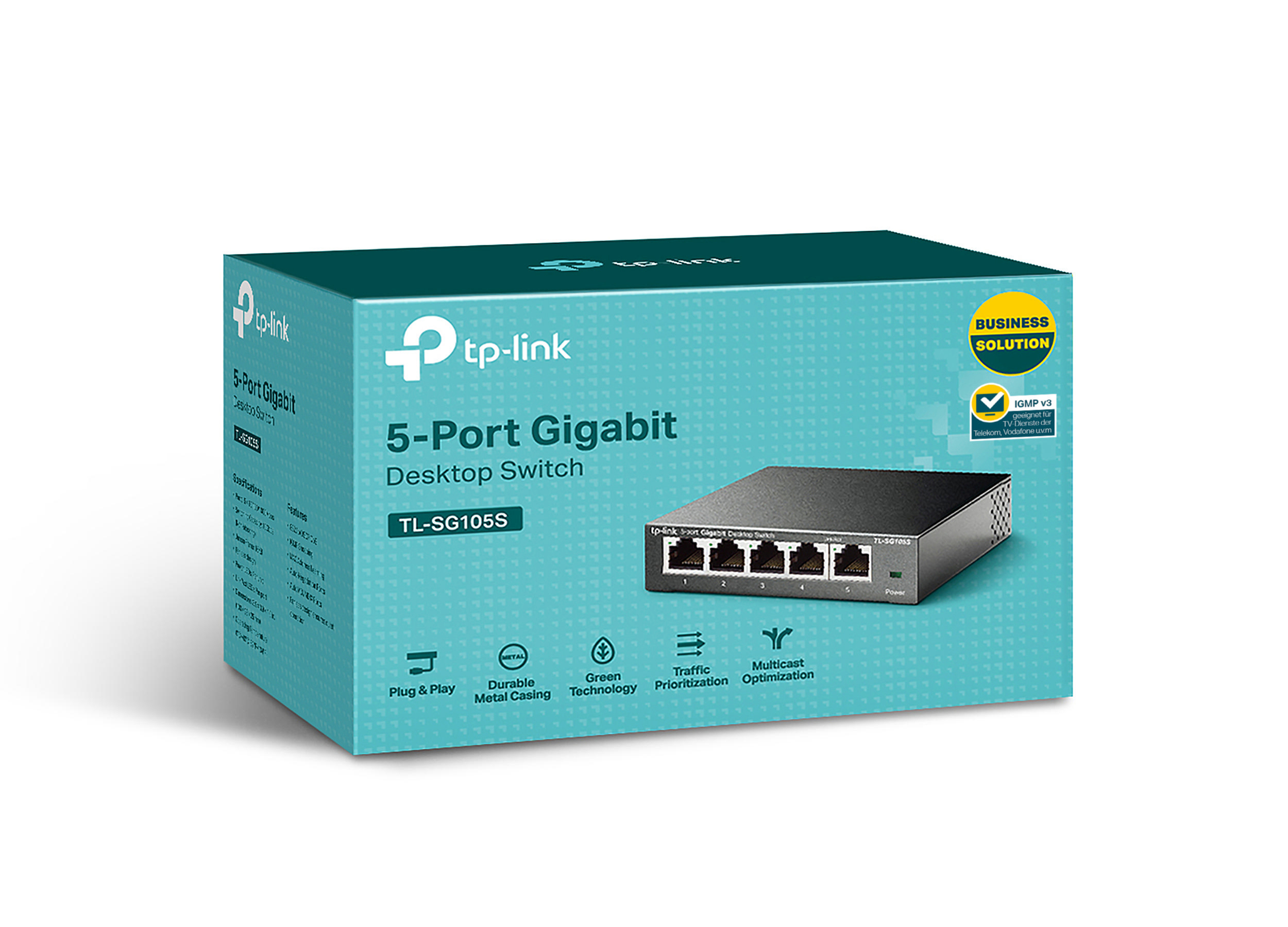Weiß-blaue Schachtel eines TP-Link 5-Port Gigabit Desktop Switch. Der Switch ist darin sichtbar.
