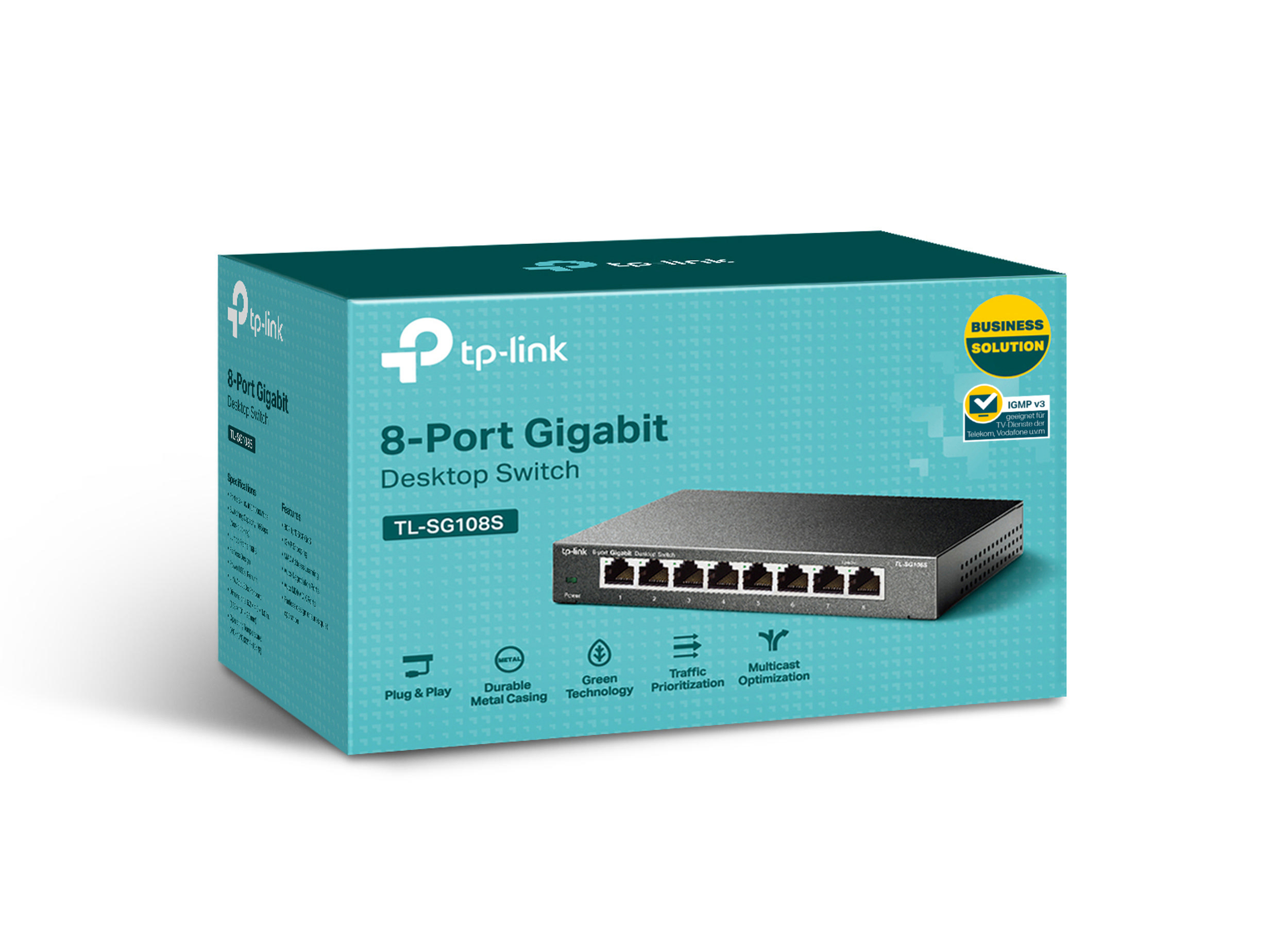 Ein 8-Port Gigabit Desktop-Switch in seiner Box. Die Box ist hellblau.