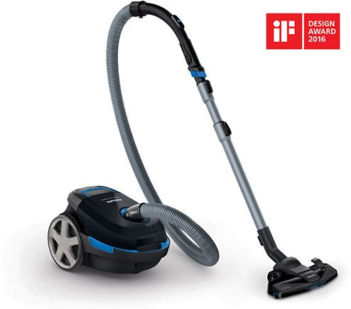 Ein schwarzer und blauer Philips-Staubsauger mit grauem Schlauch und Griff. Das Design-Award-Logo befindet sich oben rechts.