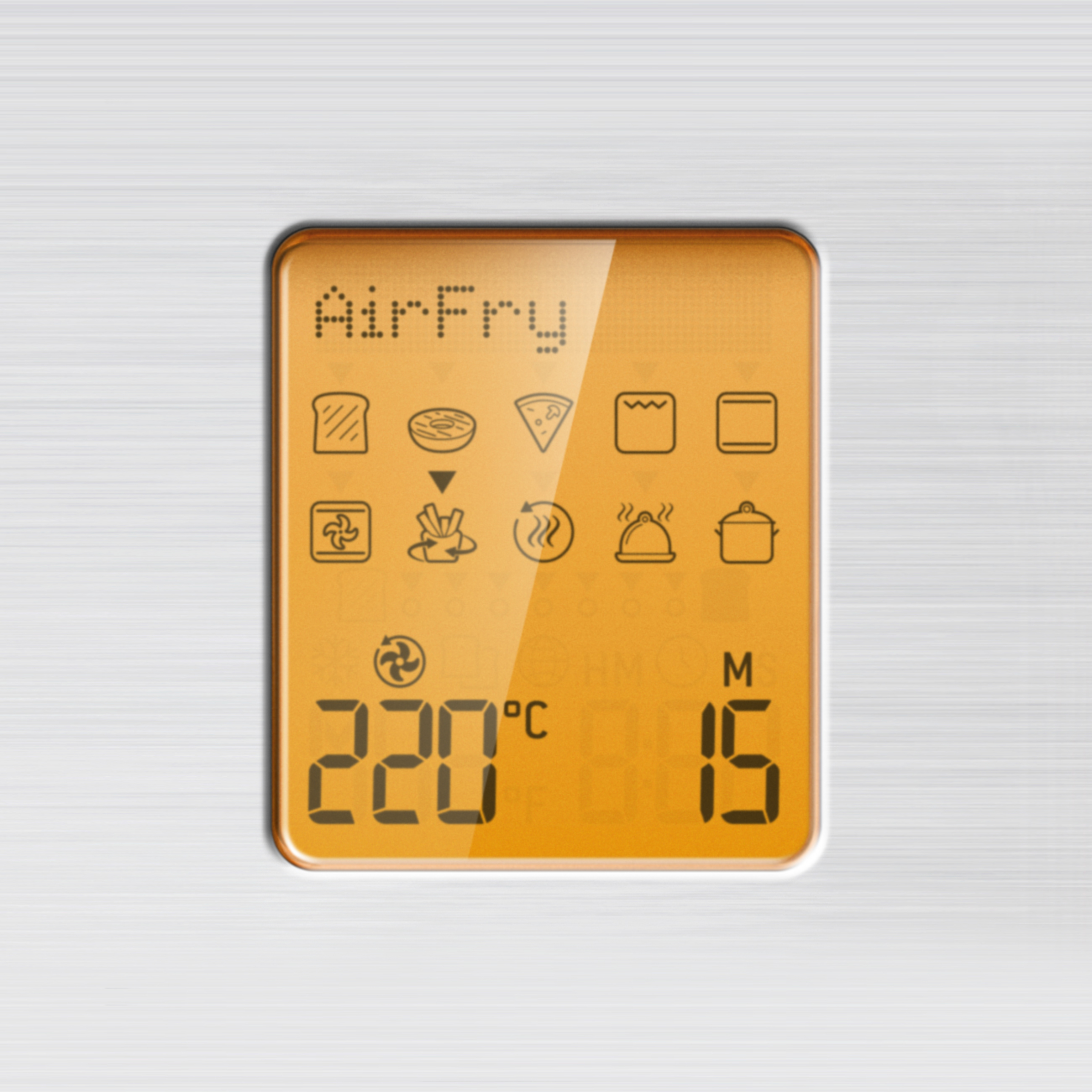 Airfryer-Display zeigt 220°C, 15 Minuten und Essenssymbole. Hintergrund ist eine Metalloberfläche.