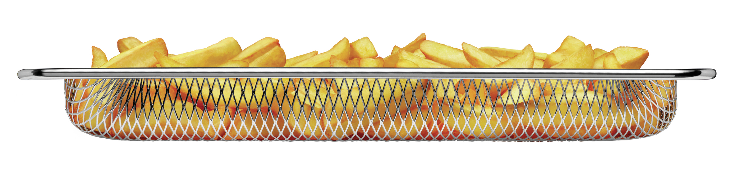 Ein Drahtkorb voller Pommes Frites. Der Korb ist silberfarben und hat ein Gittermuster. Pommes sind goldbraun.