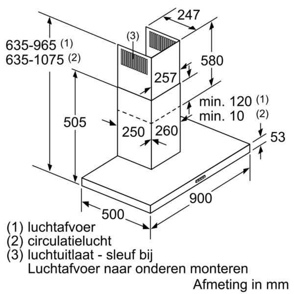 Diagramme d'une hotte de cuisine avec dimensions.