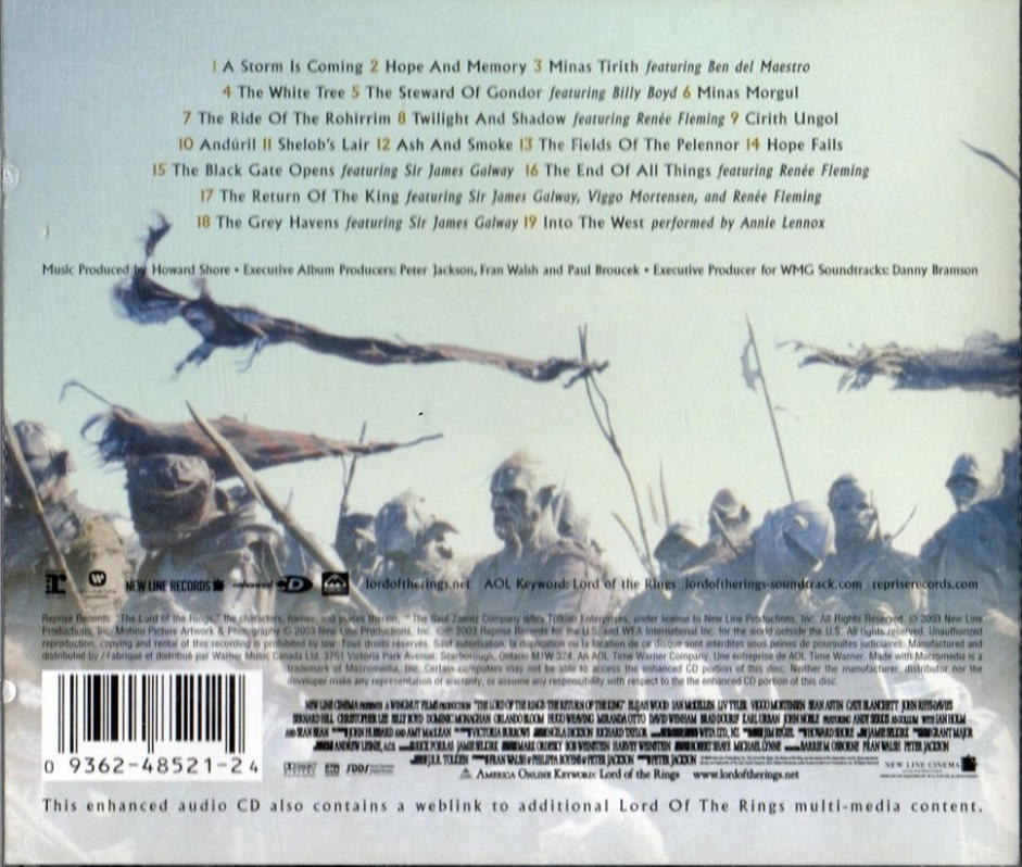 Rückseite einer CD-Hülle, mit Text und einer Szene einer Schlacht mit Soldaten.