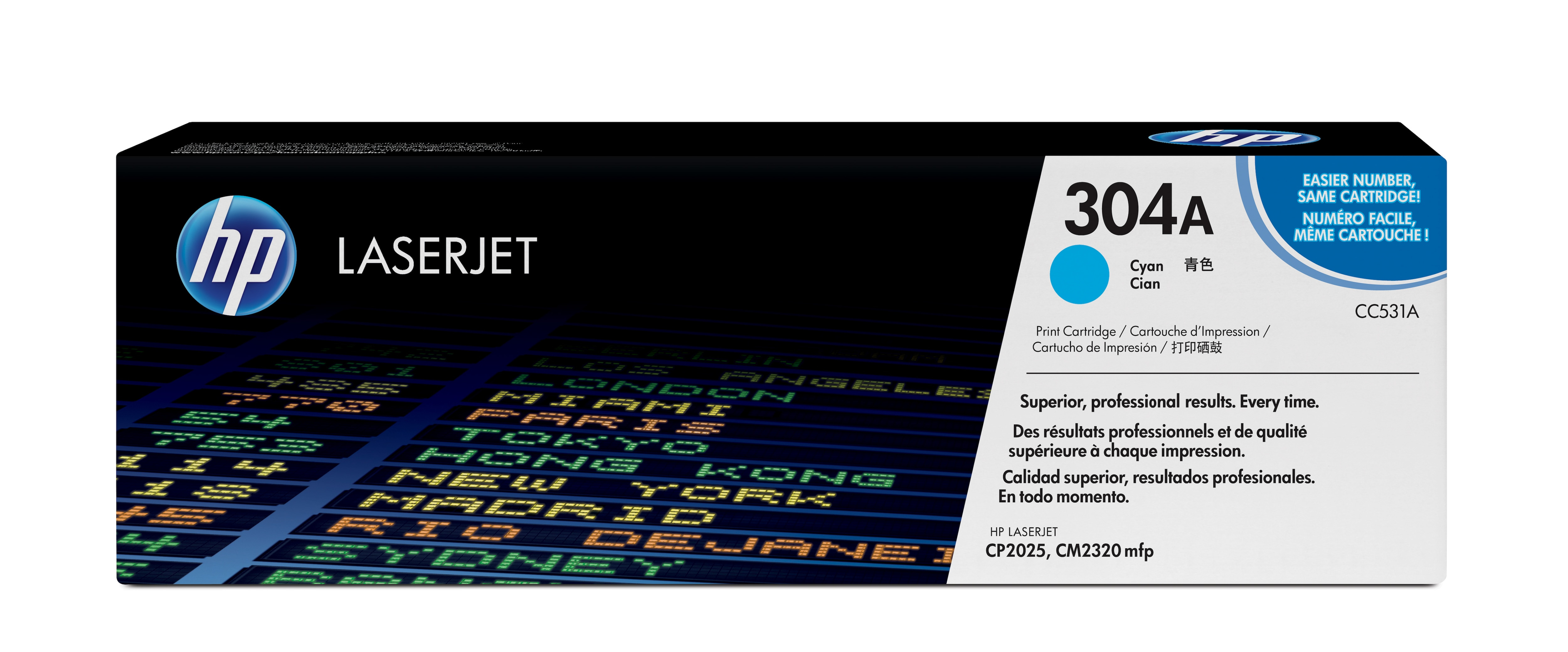 Eine cyanfarbene HP 304A LaserJet Tonerkartuschenbox, mit Produktdetails und HP-Logo.