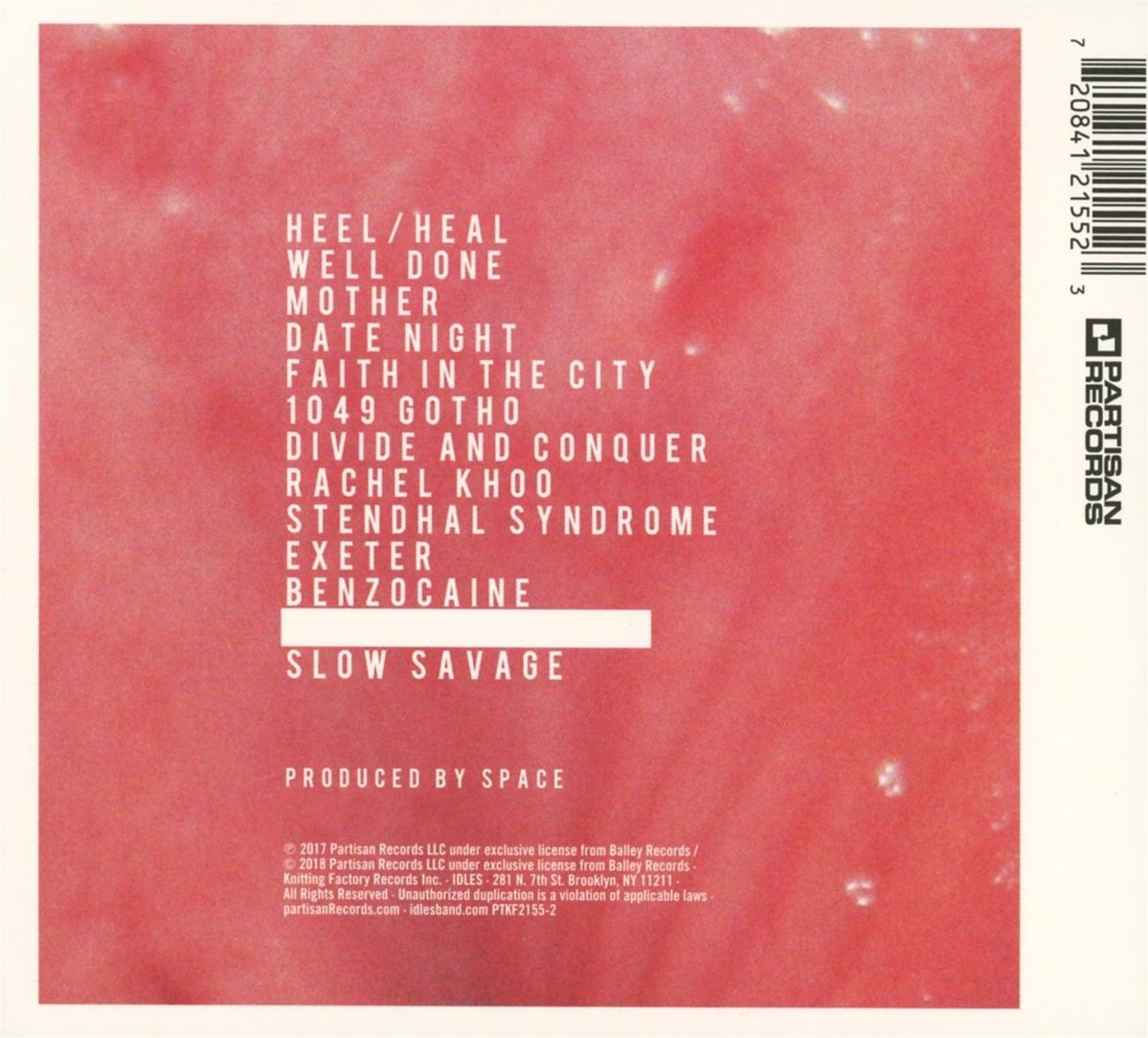 Roter Album-Cover mit weißem Text, der Songtitel auflistet: Heel/Heal, Well Done, Mother, Date Night usw. Enthält einen Barcode.