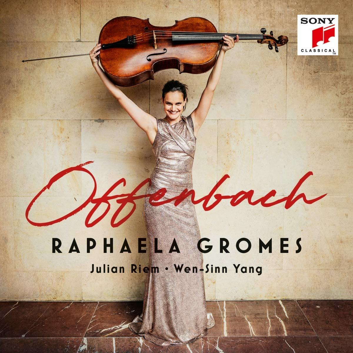 Albumcover für Offenbach. Frau mit Cello, trägt glitzerndes Kleid, roter Hintergrund.
