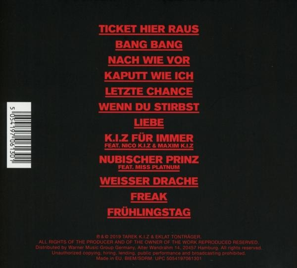 CD-Cover mit Songtiteln, rotem Hintergrund, weißem und rotem Text. CD in einem Jewelcase.