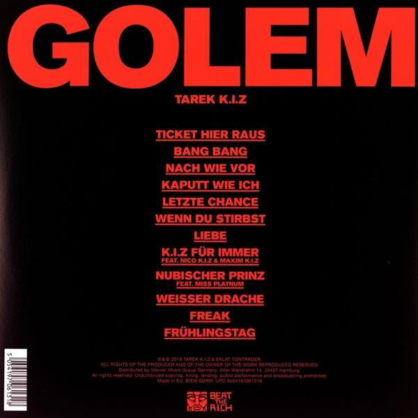 Rotes und schwarzes Albumcover mit dem Wort GOLEM in großen roten Buchstaben.