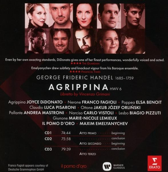 CD-Cover mit Fotos von Darstellern. Der Titel ist George Frideric Händels Agrippina.