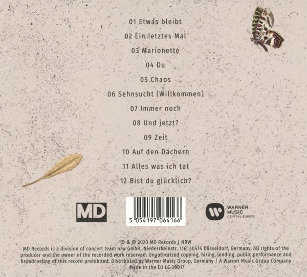 Album-Rückseite mit Titelliste, Schmetterlingsillustration und MD Records-Logo.
