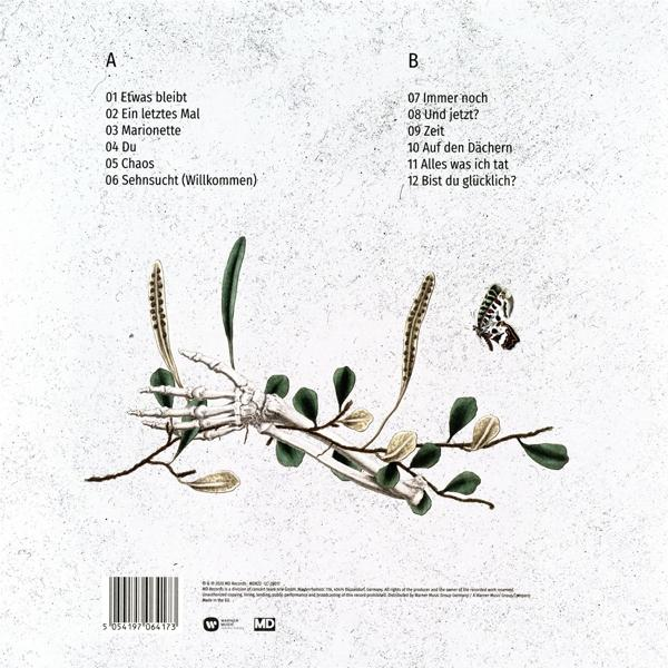 Albumcover mit Skeletthand, Blättern und Schmetterling, mit Songtiteln auf der Seite.