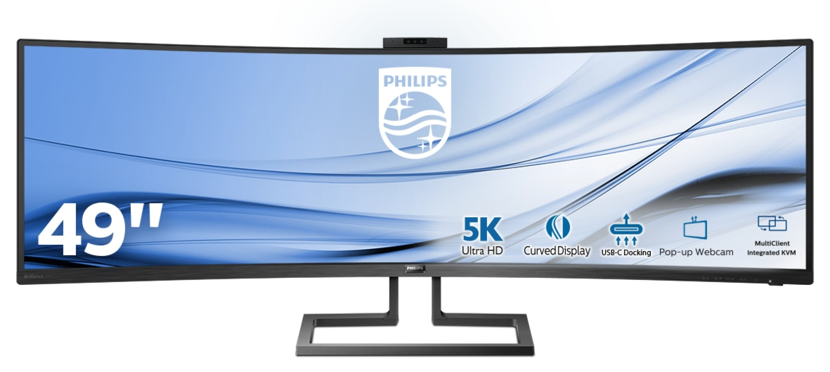 Un monitor Philips curvo da 49 pollici con display 5K Ultra HD, docking USB-C e webcam a scomparsa.