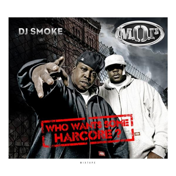 Albumcover mit zwei Männern. Text 'DJ Smoke' und 'Who wants some hardcore?' mit Logo.