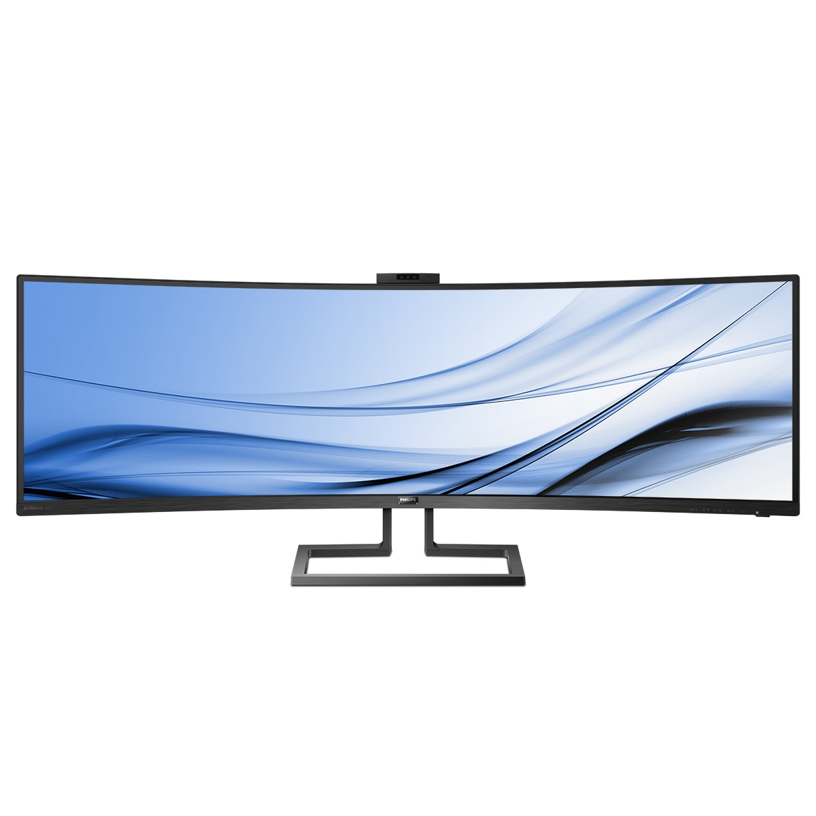 Un monitor Philips ampio e curvo con cornice e supporto neri mostra una grafica astratta blu.