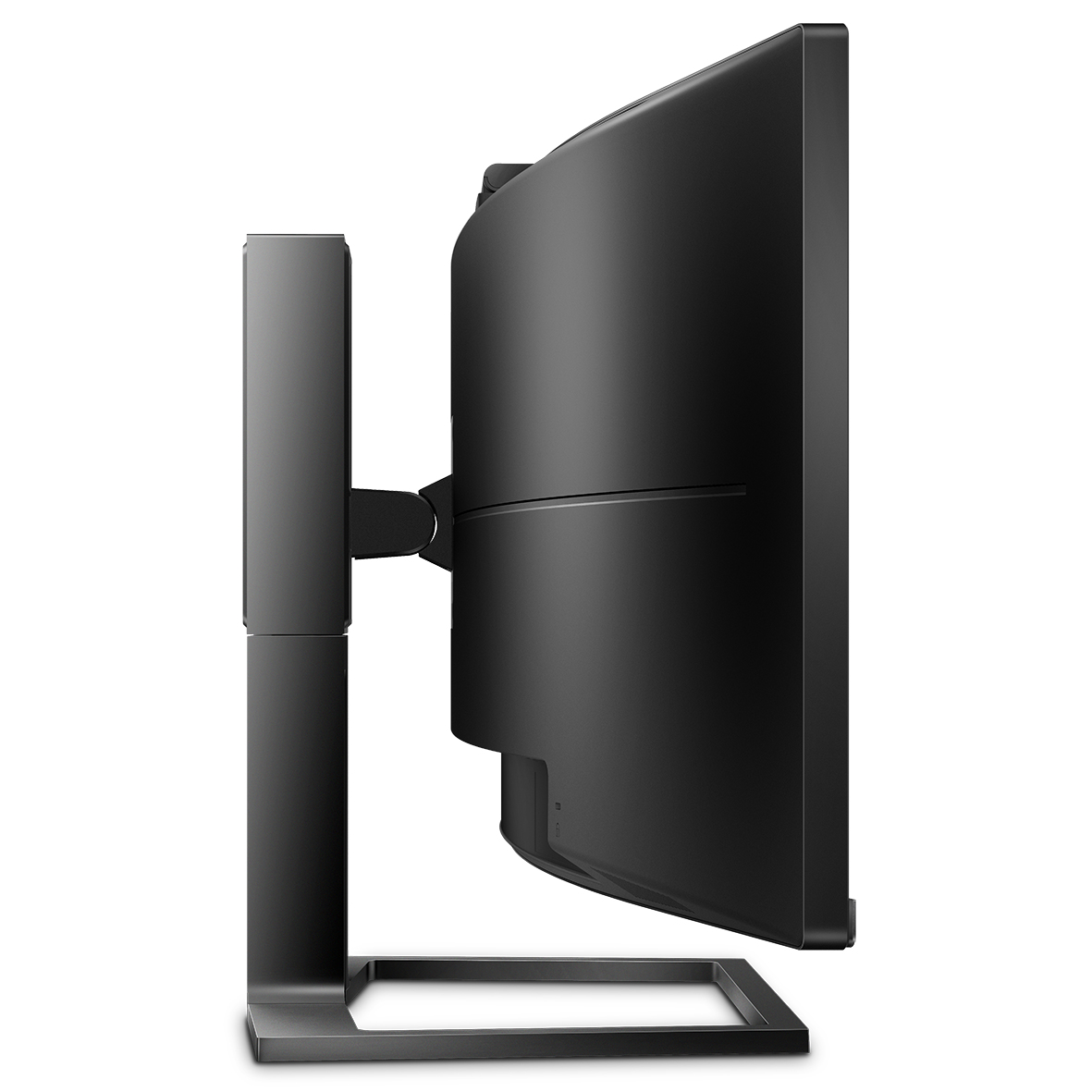 Vista laterale di un monitor per computer nero e curvo su supporto.