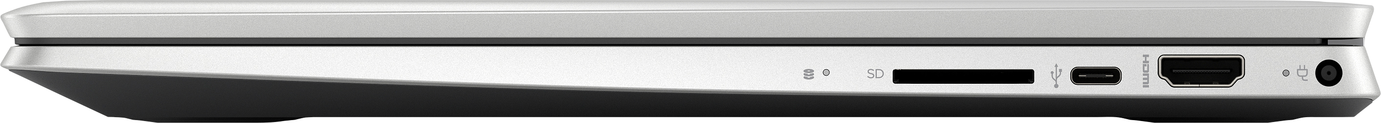 Seitenansicht eines silbernen Laptops mit Anschlüssen, einschließlich SD-Karte, USB, HDMI und Ladeanschluss.