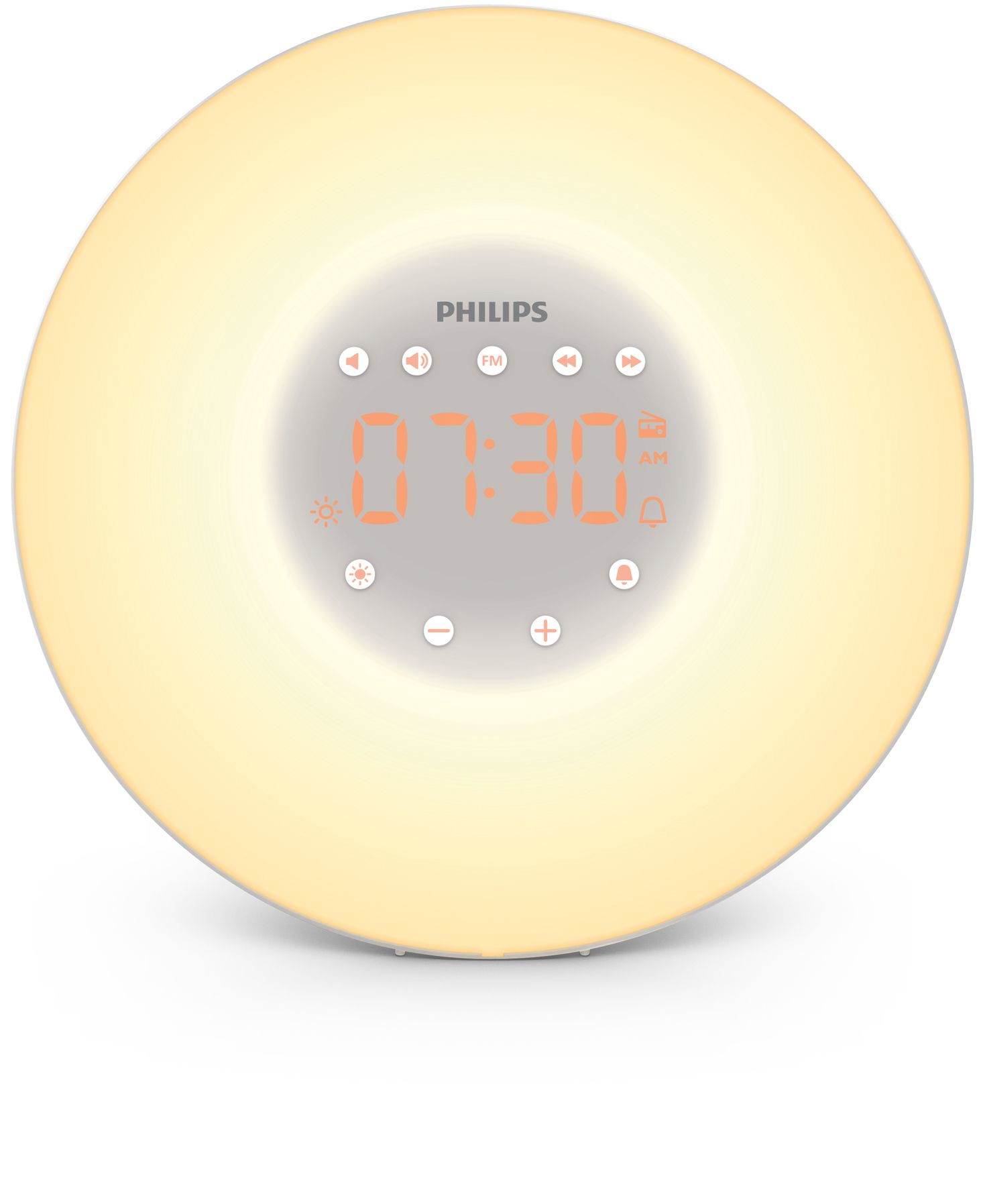 Ein weißer Wecker mit gelbem Licht und orangefarbener Digitalanzeige.